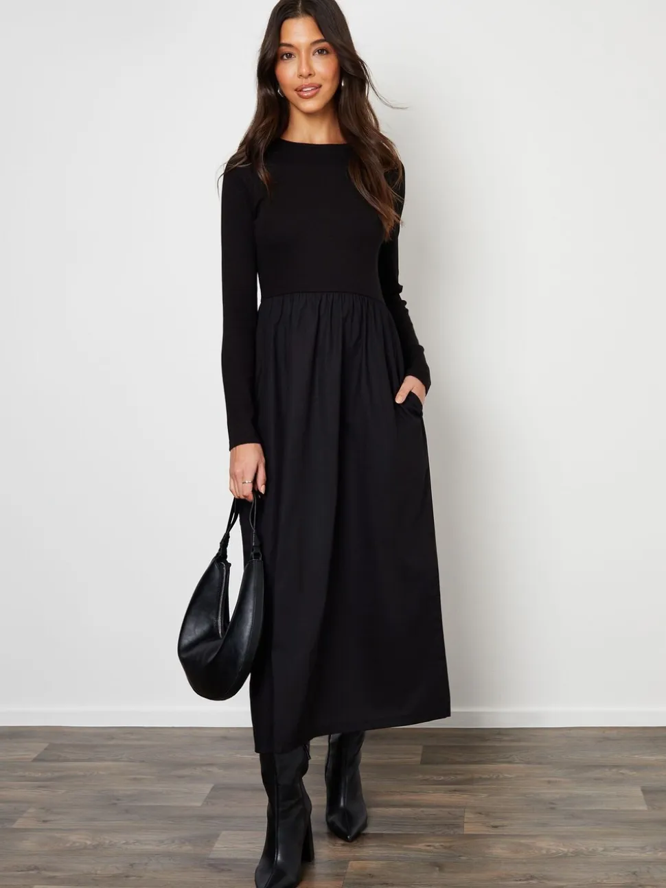 Threadbare Black Rib Jersey 2-In-1 Midi Dress with Poplin Skirt