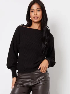 Threadbare Black Slash Neck Chunky Knit Jumper