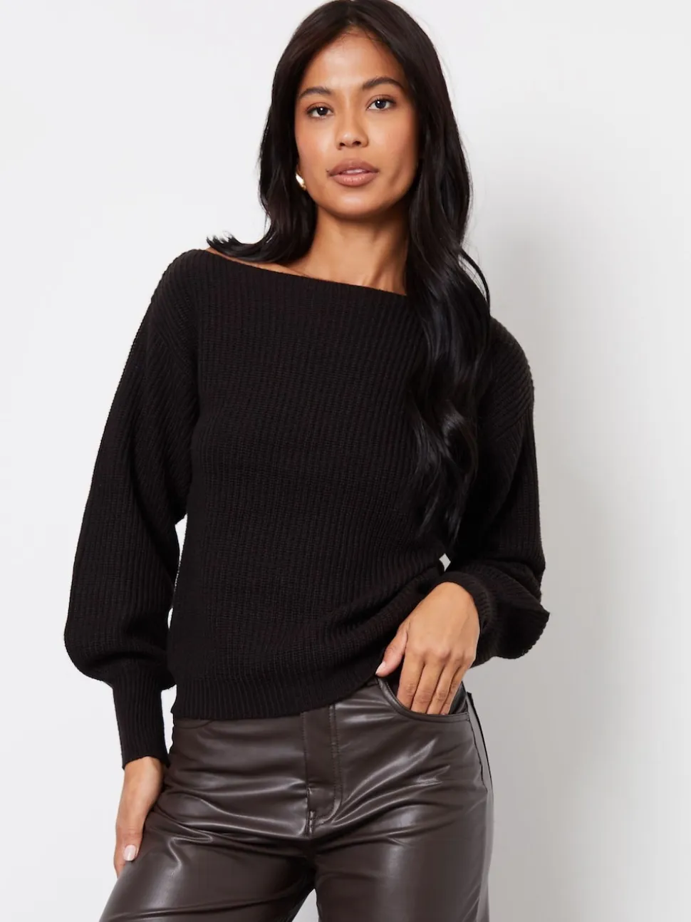 Threadbare Black Slash Neck Chunky Knit Jumper