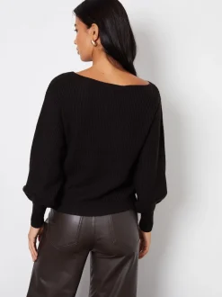 Threadbare Black Slash Neck Chunky Knit Jumper