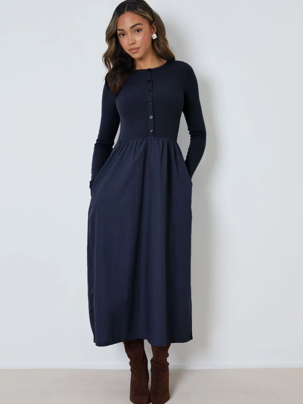 Threadbare Blue 2-in-1 Jersey Poplin Mix Button Down Dress