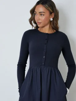 Threadbare Blue 2-in-1 Jersey Poplin Mix Button Down Dress
