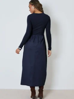 Threadbare Blue 2-in-1 Jersey Poplin Mix Button Down Dress