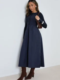 Threadbare Blue 2-in-1 Jersey Poplin Mix Button Down Dress