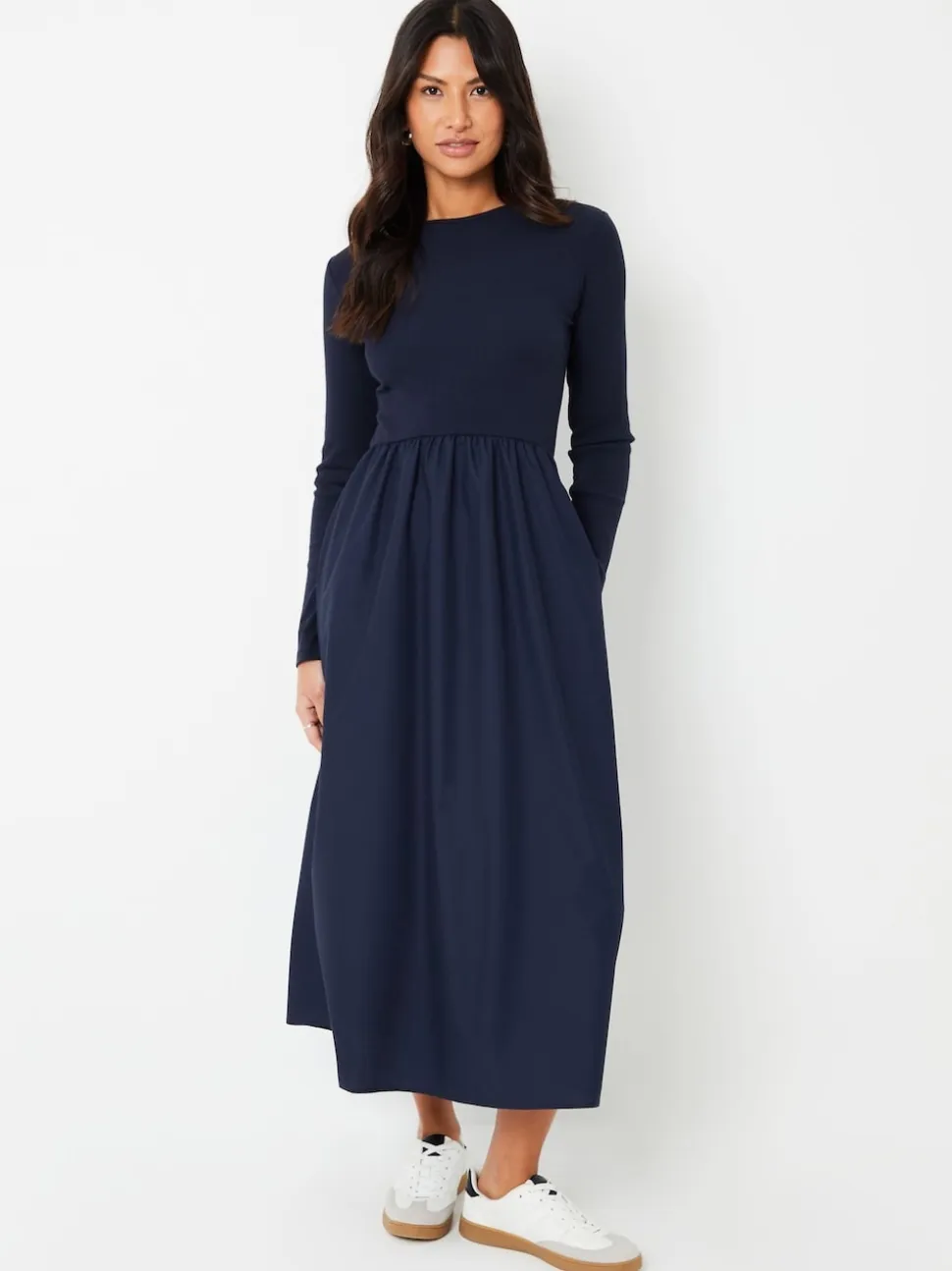Threadbare Blue Rib Jersey 2-In-1 Midi Dress with Poplin Skirt