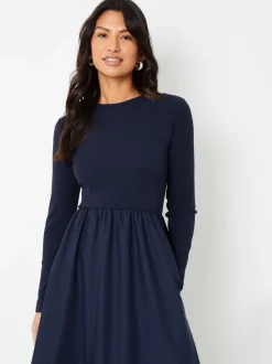 Threadbare Blue Rib Jersey 2-In-1 Midi Dress with Poplin Skirt