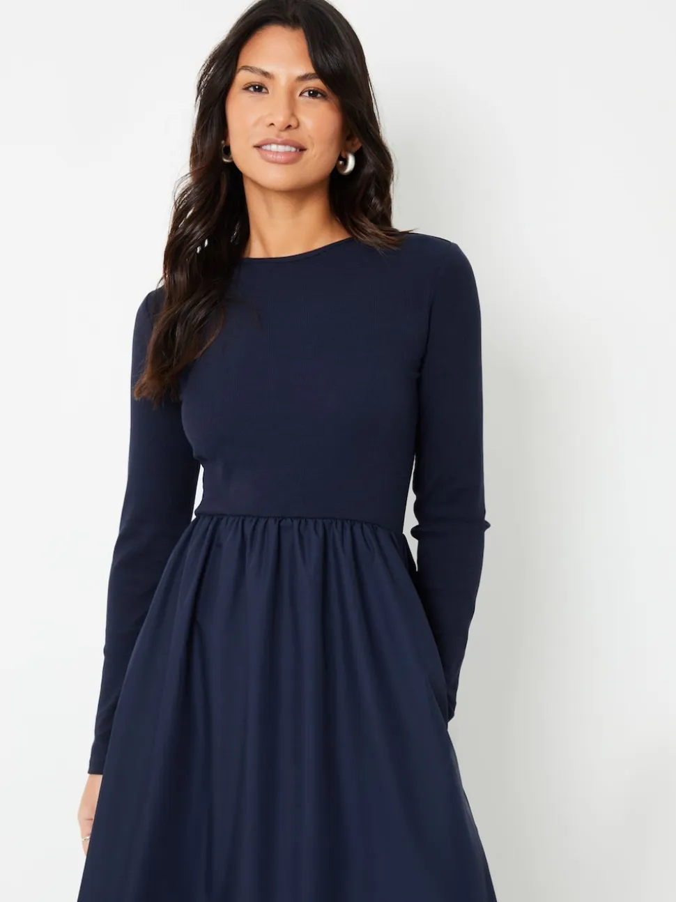 Threadbare Blue Rib Jersey 2-In-1 Midi Dress with Poplin Skirt