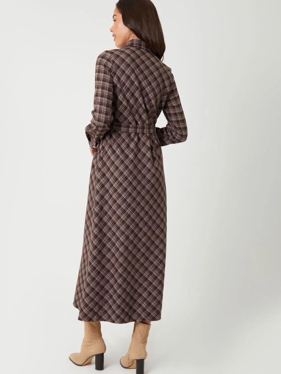 Threadbare Brown Check Belted Midi Shirt Dress