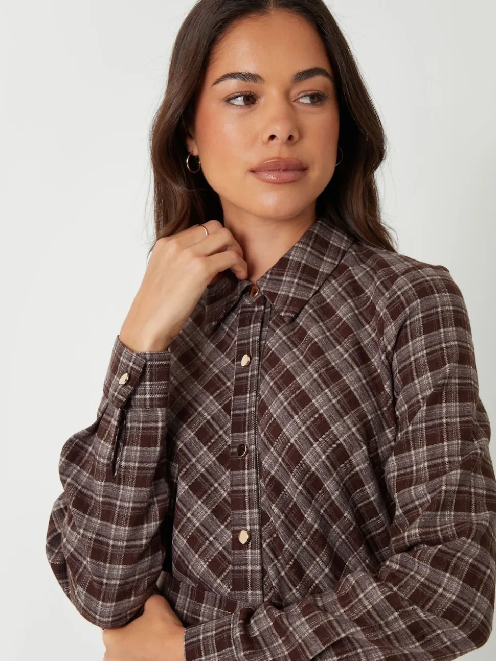 Threadbare Brown Check Belted Midi Shirt Dress