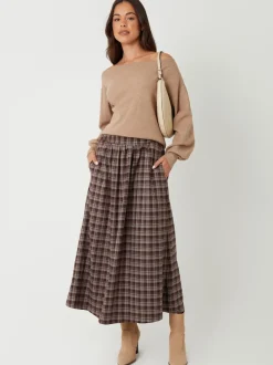 Threadbare Brown Check Pull On Midaxi Skirt