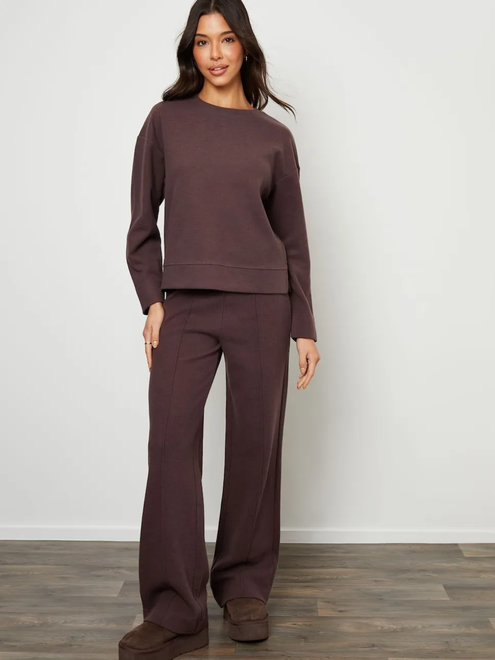 Threadbare Brown Cosy Rib Pull On Wide Leg Joggers