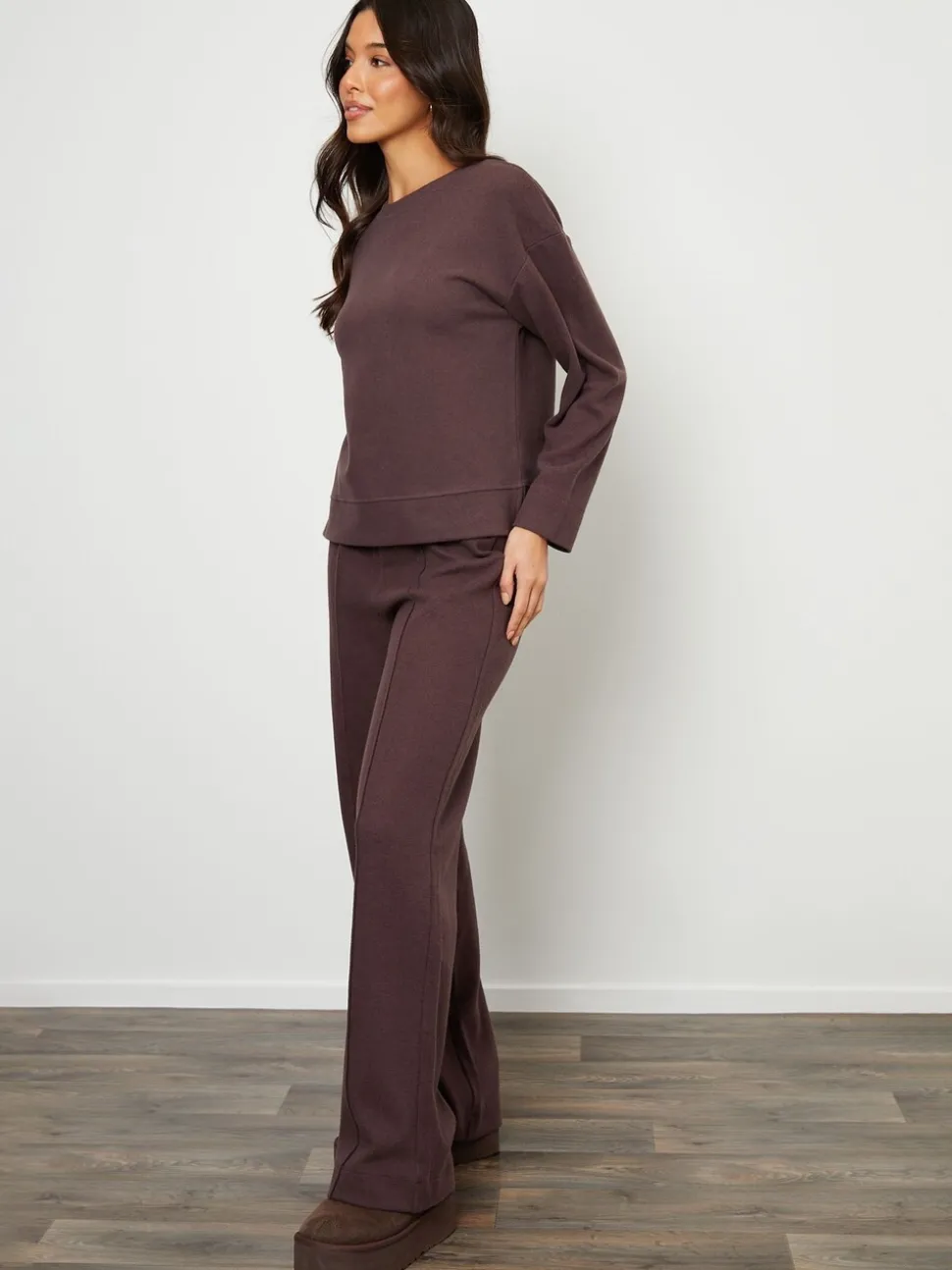Threadbare Brown Cosy Rib Pull On Wide Leg Joggers