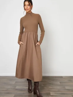 Threadbare Brown High Neck 2 In 1 Jersey Poplin Mix Mini Dress