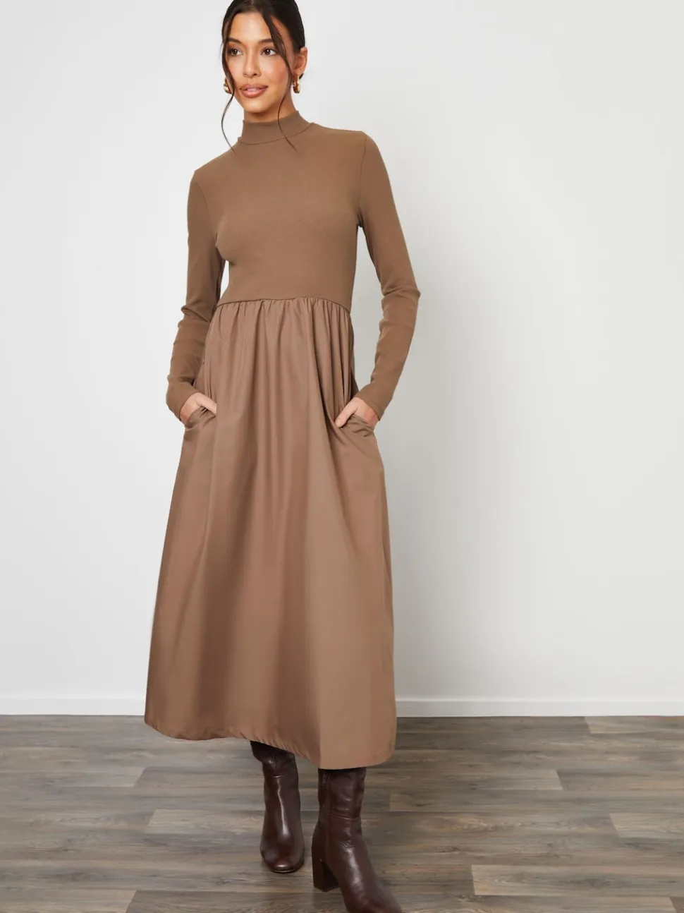 Threadbare Brown High Neck 2 In 1 Jersey Poplin Mix Mini Dress