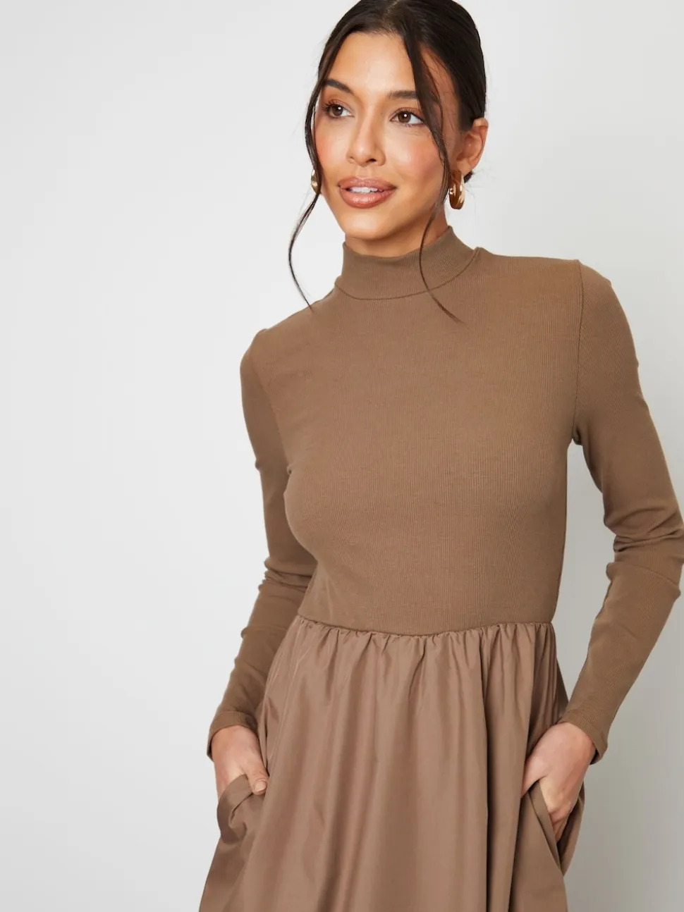 Threadbare Brown High Neck 2 In 1 Jersey Poplin Mix Mini Dress