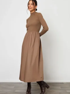 Threadbare Brown High Neck 2 In 1 Jersey Poplin Mix Mini Dress