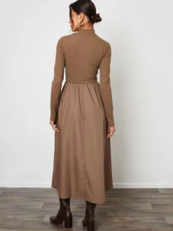 Threadbare Brown High Neck 2 In 1 Jersey Poplin Mix Mini Dress