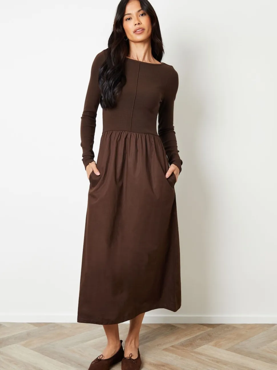 Threadbare Brown 2-in-1 Jersey Poplin Mix Slash Neck Long Sleeve Dress
