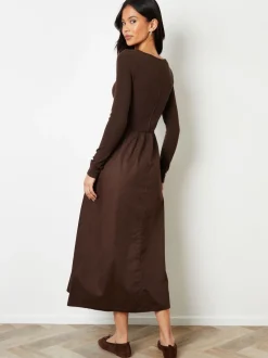 Threadbare Brown 2-in-1 Jersey Poplin Mix Slash Neck Long Sleeve Dress