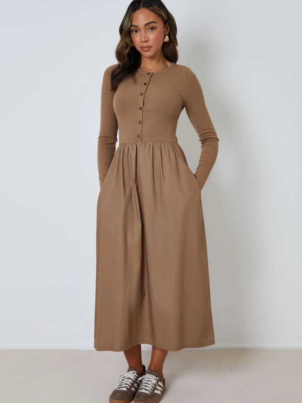 Threadbare Brown 2-in-1 Jersey Poplin Mix Button Down Dress