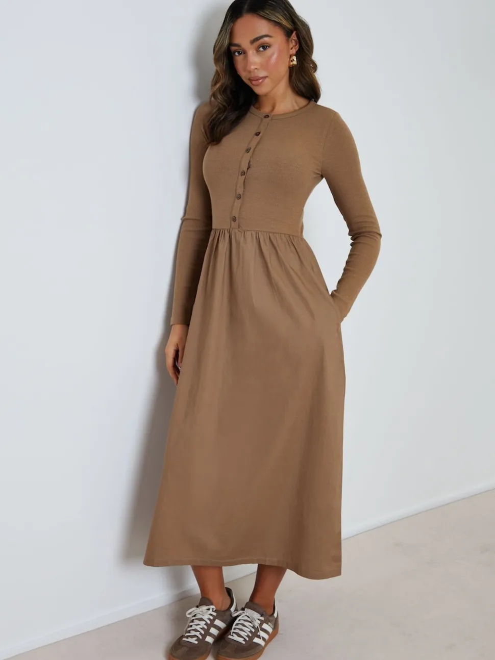 Threadbare Brown 2-in-1 Jersey Poplin Mix Button Down Dress