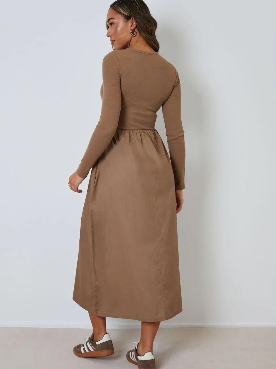Threadbare Brown 2-in-1 Jersey Poplin Mix Button Down Dress
