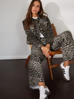 Threadbare Brown Leopard Print Petite Wide Leg 100% Cotton Jeans