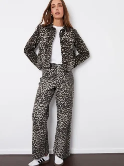 Threadbare Brown Leopard Print Petite Wide Leg 100% Cotton Jeans