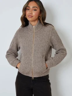 Threadbare Brown Zip Through Knitted Bomber Jacket