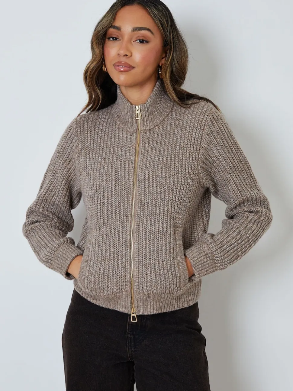 Threadbare Brown Zip Through Knitted Bomber Jacket