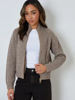 Threadbare Brown Zip Through Knitted Bomber Jacket