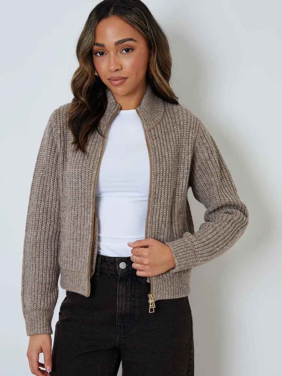 Threadbare Brown Zip Through Knitted Bomber Jacket