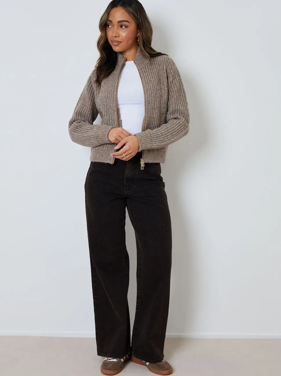 Threadbare Brown Zip Through Knitted Bomber Jacket