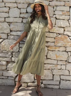 Threadbare Green 100% Cotton Short Sleeve Collared Broderie Maxi Shirt Dress
