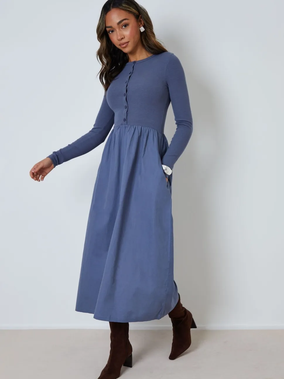 Threadbare Light Blue 2-in-1 Jersey Poplin Mix Button Down Dress