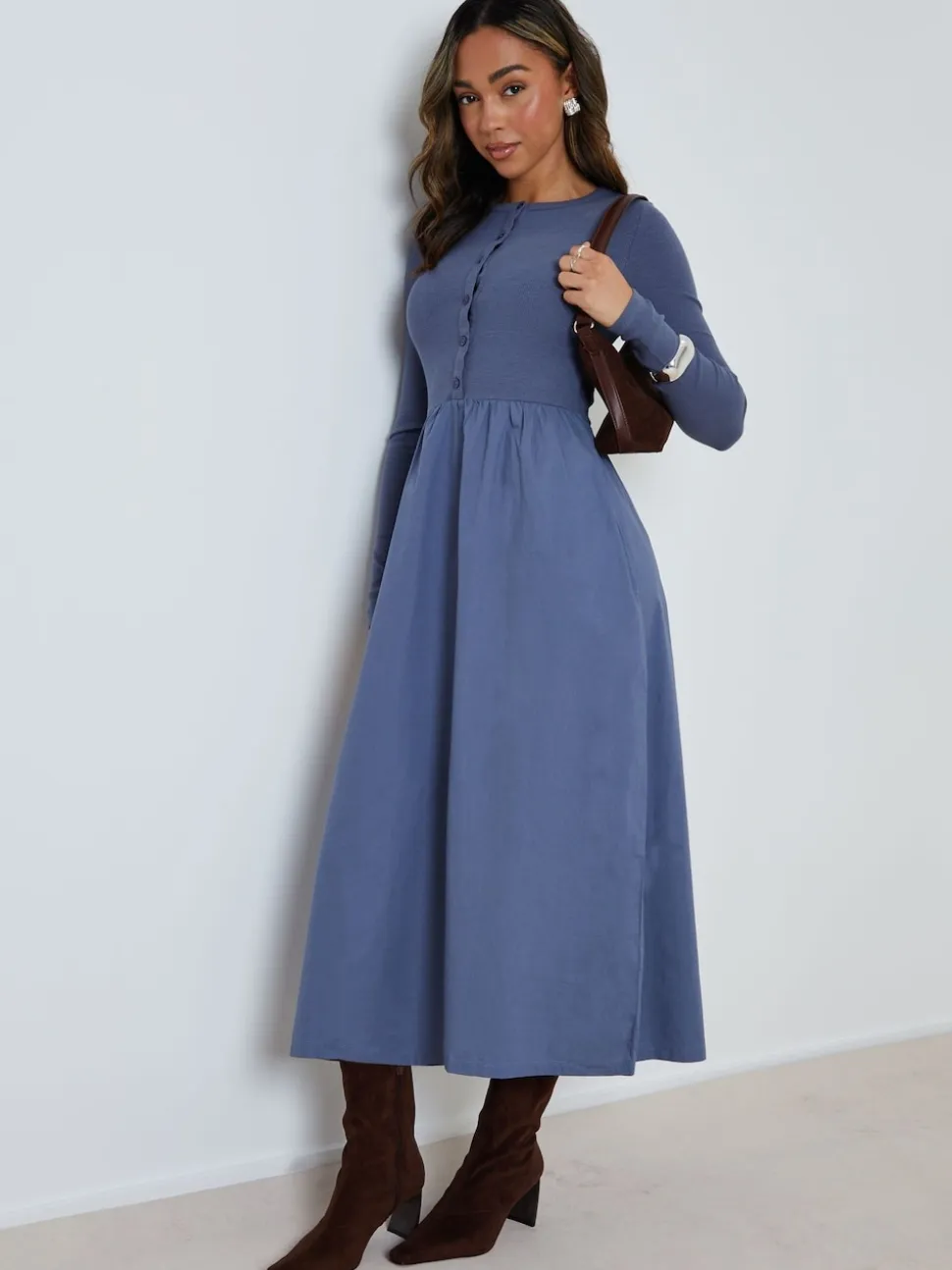 Threadbare Light Blue 2-in-1 Jersey Poplin Mix Button Down Dress