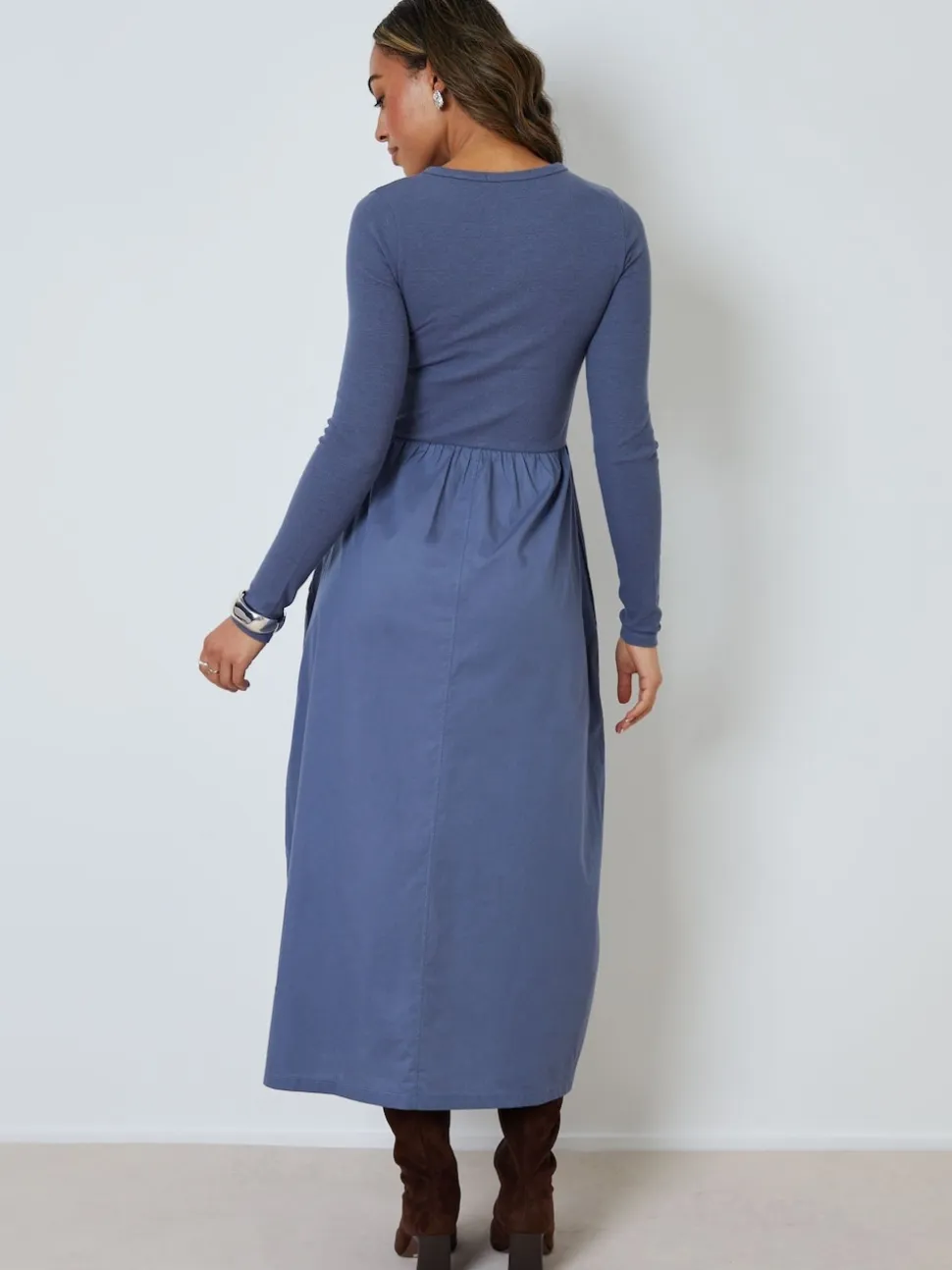 Threadbare Light Blue 2-in-1 Jersey Poplin Mix Button Down Dress