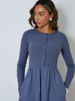 Threadbare Light Blue 2-in-1 Jersey Poplin Mix Button Down Dress
