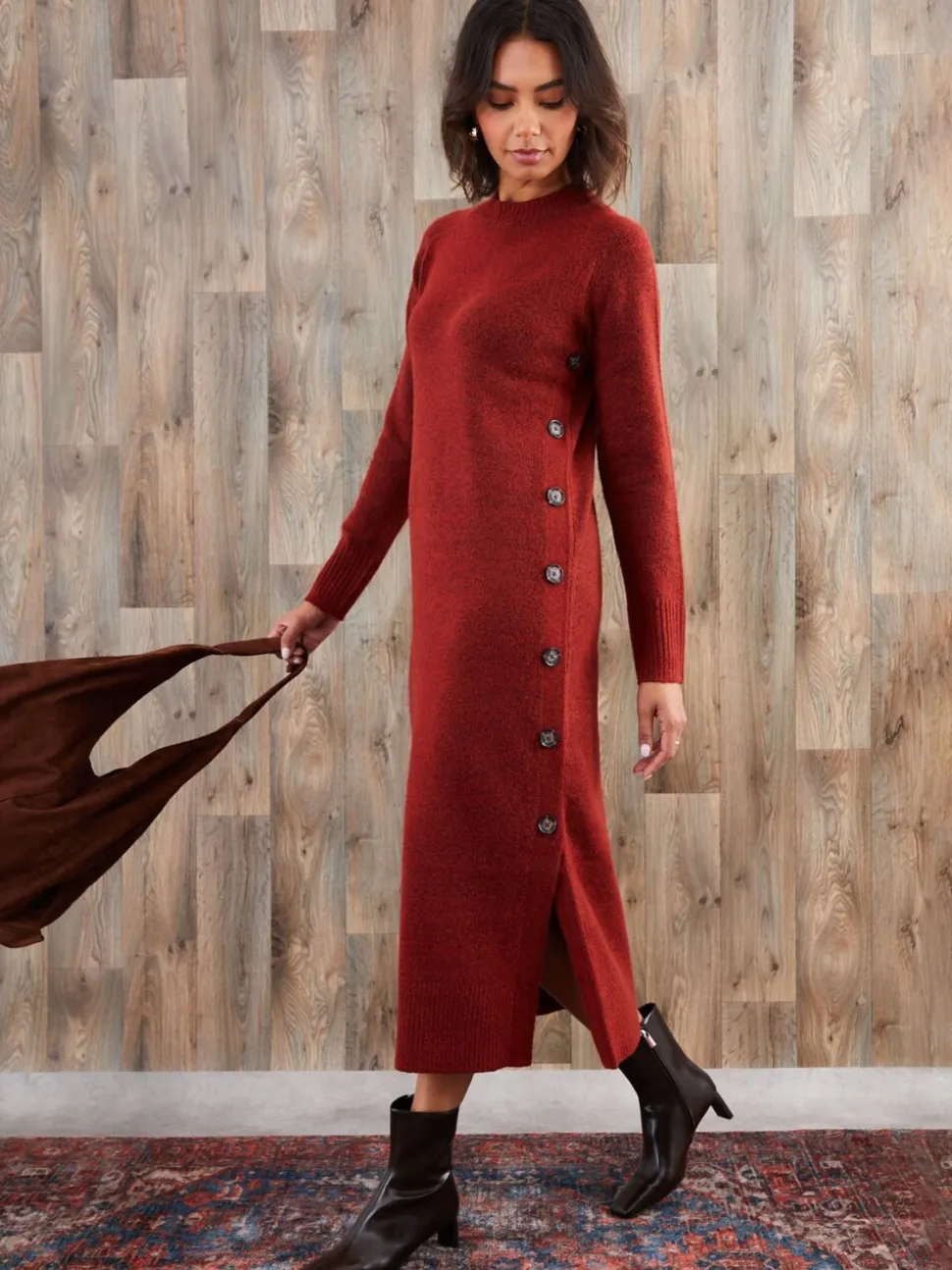 Threadbare Orange Knitted Side Button Detail Maxi Dress