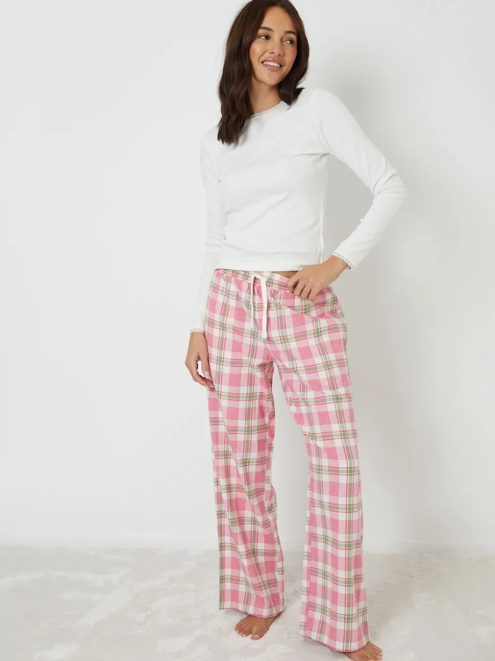 Threadbare Pink Crew Neck Long Sleeve Check Pyjamas Set