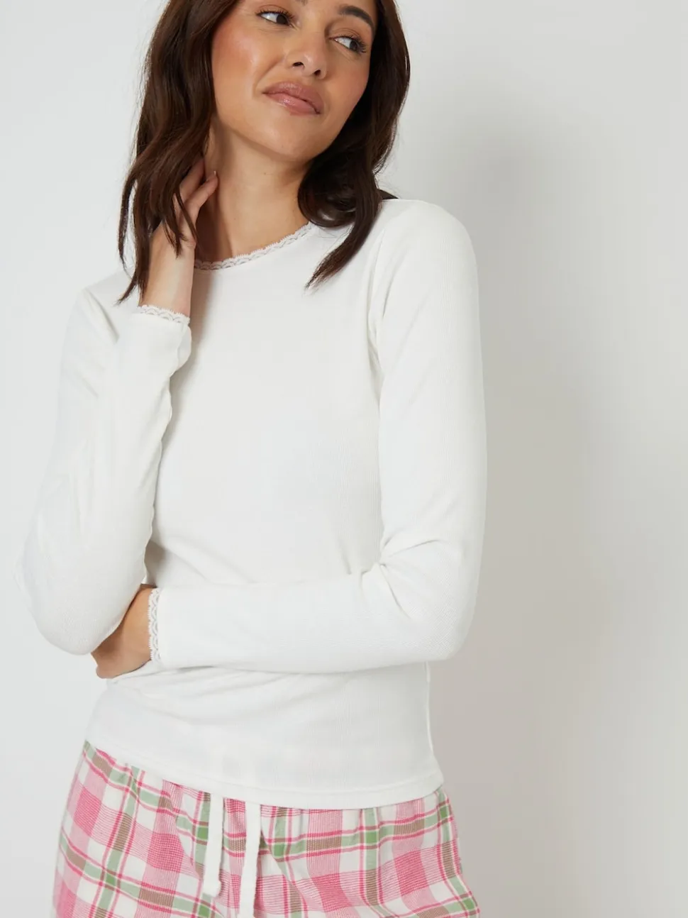 Threadbare Pink Crew Neck Long Sleeve Check Pyjamas Set