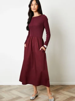 Threadbare Red 2-in-1 Jersey Poplin Mix Slash Neck Long Sleeve Dress