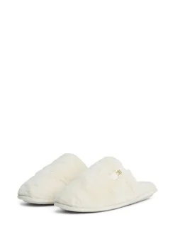 Tommy Hilfiger White Monogram Faux Fur Slippers