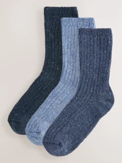 Tonal Blue Thermal Wool Blend Ankle Socks 3 Pack With Silk