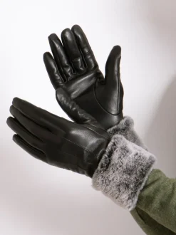 Totes Black Isotoner Ladies Leather Gloves with Faux Fur Cuff