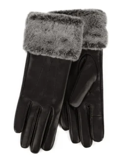 Totes Black Isotoner Ladies Leather Gloves with Faux Fur Cuff