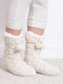 Totes Cream Toasties Ladies Luxury Chunky Knit Slipper Socks
