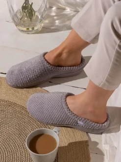 Totes Grey Isotoner Popcorn Terry Mules Slippers