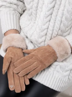 Totes Nude Isotoner Winter Three Point Suede Ladies Gloves with Faux Fur Cuff