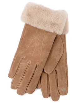 Totes Nude Isotoner Winter Three Point Suede Ladies Gloves with Faux Fur Cuff